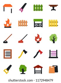 Color and black flat icon set - fence vector, tree, saw, fire, hoe, axe, abacus, table, alcove, cutting board