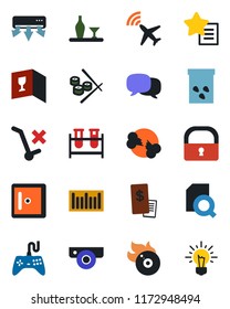 Color and black flat icon set - plane radar vector, checkroom, seeds, blood test vial, broken bone, no trolley, barcode, flame disk, gamepad, favorites list, message, lock, document search, alcohol