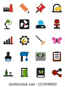 Color and black flat icon set - ticket office vector, chair, rake, butterfly, cash, clipboard, root setup, drawing pin, bar graph, support, desk lamp, pencil, stamp, water supply, factory, alcohol