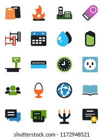 Color and black flat icon set - book vector, fire, water drop, clock, heavy scales, film frame, message, network, calendar, battery, news, office phone, reserved, egg stand, candle, cutting board