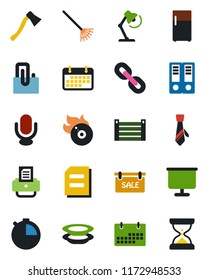 Color and black flat icon set - office binder vector, document, printer, rake, axe, term, container, flame disk, microphone, chain, stopwatch, calendar, presentation board, paper clip, desk lamp