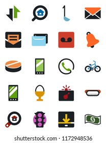 Color and black flat icon set - bomb in case vector, mail, pills, bike, traffic light, mobile, bell, record, data exchange, download, estate search, phone, egg stand, hot dog, ladle, cash
