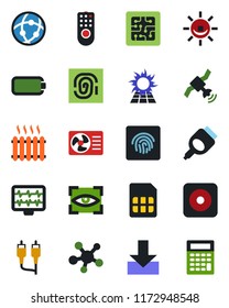 Color and black flat icon set - monitor pulse vector, satellite, share, rec button, rca, hdmi, sim, network, download, fingerprint id, battery, heater, chip, remote control, air conditioner