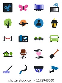 Color and black flat icon set - fence vector, airport bus, baggage larry, office chair, shovel, rake, tree, butterfly, sickle, heart hand, plane, truck trailer, user, cut, house with, children room