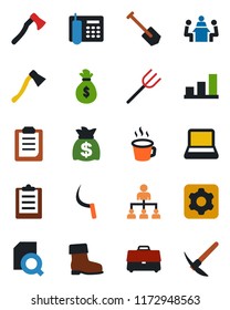 Color and black flat icon set - hierarchy vector, money bag, job, farm fork, boot, sickle, axe, settings, clipboard, case, coffee, bar graph, document search, office phone, meeting, notebook pc
