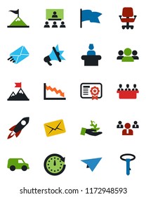 Color and black flat icon set - reception vector, team, meeting, hierarchy, group, palm sproute, motivation, rocket, clock, crisis, office chair, flag, car, paper plane, certificate, mail, tie