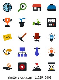 Color and black flat icon set - seedling vector, rec button, stopwatch, palm sproute, shining head, motivation, handshake, earth, office chair, money search, investment, idea, case, hierarchy, mail