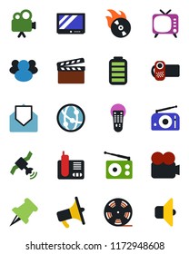Color and black flat icon set - clapboard vector, reel, flame disk, radio, satellite, loudspeaker, tv, video camera, remote control, network, phone, group, paper pin, battery, mail, sound