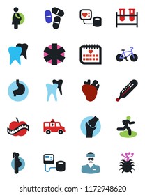 Color and black flat icon set - blood pressure vector, test vial, thermometer, pills, ambulance star, car, bike, run, stomach, real heart, tooth, joint, medical calendar, diet, doctor, pregnancy