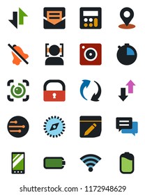 Color and black flat icon set - mobile vector, message, update, camera, calculator, stopwatch, mail, network, notes, data exchange, wireless, mute, place tag, compass, lock, face id, eye, battery