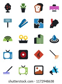 Color and black flat icon set - tv vector, flower in pot, rake, plant label, rec button, gallery, application, office building, stapler, fruit tree, wireless, restaurant table, bread, water