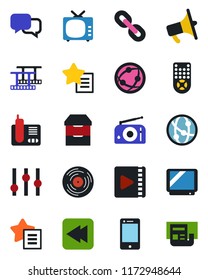 Color and black flat icon set - film frame vector, vinyl, radio, loudspeaker, tv, settings, remote control, network, cell phone, dialog, chain, favorites list, rewind, archive chest, video, news