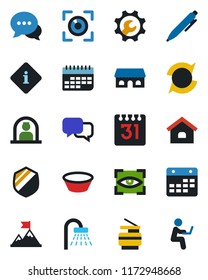 Color and black flat icon set - reception vector, shower, pen, term, shield, dialog, calendar, root setup, update, copier, house, cafe building, bowl, eye scan, information, motivation