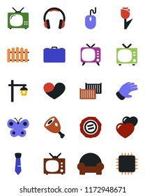 Color and black flat icon set - tv vector, case, mouse, stamp, fence, glove, butterfly, garden light, cargo container, tulip, headphones, heart, tie, cushioned furniture, ham, chip