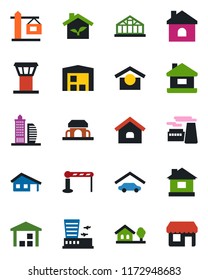 Color and black flat icon set - airport tower vector, barrier, building, factory, house, greenhouse, warehouse storage, with garage, tree, office, crane, cafe, eco, storefront