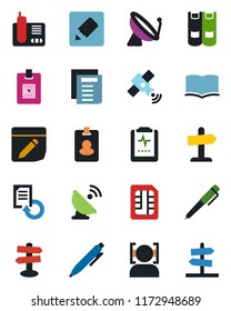 Color and black flat icon set - satellite antenna vector, book, pen, document, reload, pulse clipboard, signpost, radio phone, sim, notes, face id, identity card, pass, guidepost