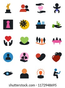 Color and black flat icon set - female vector, baby, pedestal, team, meeting, heart, hand, eye, virus, client, group, user, manager desk, palm sproute, shining head, man with notebook