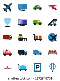 Color and black flat icon set - plane vector, baggage trolley, parking, waiting area, ladder car, helicopter, ambulance, truck trailer, delivery, sea port, fragile, cargo, air balloon
