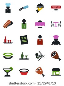 Color and black flat icon set - cafe vector, waiter, cook, alcohol, restaurant table, reserved, cocktail, plates, bacon, receipt, ham, bowl, knife, sushi, storefront