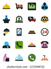 Color and black flat icon set - taxi vector, 24 around, phone, reception bell, baby room, mobile, hours, client, cargo, call, scanner, support, moving, dish, waiter, warm floor