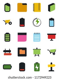 Color and black flat icon set - signpost vector, notepad, presentation board, wheelbarrow, battery, low, folder, charge, blank box, guidepost