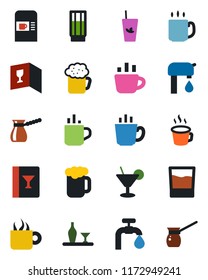 Color and black flat icon set - hot cup vector, coffee machine, water supply, alcohol, wine card, drink, cocktail, phyto bar, beer, turkish