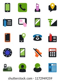 Color and black flat icon set - mobile phone vector, office, support, tracking, radio, back, call, camera, mute, cellular signal, home control app, combination lock