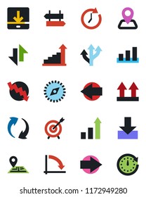 Color and black flat icon set - signpost vector, right arrow, left, growth statistic, crisis graph, route, navigation, up side sign, sorting, update, data exchange, download, compass, target, clock