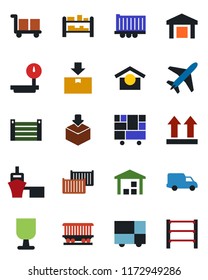 Color and black flat icon set - plane vector, railroad, truck trailer, cargo container, car delivery, sea port, consolidated, fragile, warehouse storage, up side sign, package, heavy scales, rack