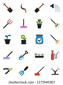 Color and black flat icon set - job vector, flower in pot, garden fork, shovel, farm, rake, seedling, watering, pruner, hoe, sickle, sprayer, fertilizer, irrigation