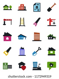 Color and black flat icon set - barrier vector, airport building, shovel, ladder, saw, house, hospital, with garage, tree, estate document, sweet home, city, crane, message