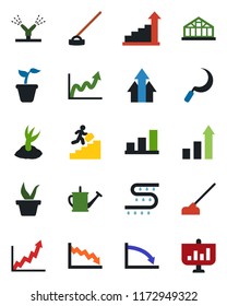 Color and black flat icon set - growth statistic vector, seedling, watering can, sproute, hoe, sickle, greenhouse, drip irrigation, bar graph, career ladder, arrow up, crisis, presentation