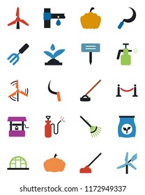 Color and black flat icon set - fence vector, garden fork, rake, well, hoe, sickle, plant label, pumpkin, greenhouse, sprayer, fertilizer, drip irrigation, windmill