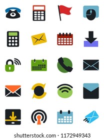 Color and black flat icon set - mail vector, mouse, calendar, call, download, wireless, update, calculator, phone, lock, flag