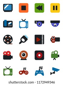 Color and black flat icon set - reel vector, tv, gamepad, video camera, pause button, stop, rewind, rec, hdmi, web, intercome, surveillance