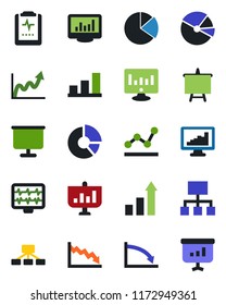 Color and black flat icon set - growth statistic vector, presentation board, monitor, circle chart, pulse, clipboard, statistics, bar graph, pie, point, crisis, hierarchy