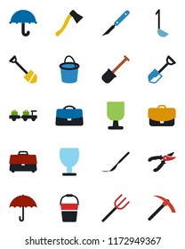 Color and black flat icon set - baggage larry vector, job, shovel, farm fork, bucket, pruner, axe, scalpel, fragile, umbrella, case, ladle, hard work