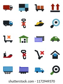Color and black flat icon set - sea shipping vector, truck trailer, cargo container, car delivery, consolidated, warehouse storage, up side sign, no trolley, hook, search