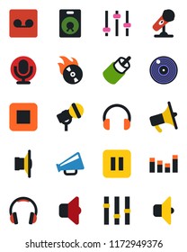 Color and black flat icon set - vinyl vector, flame disk, microphone, speaker, loudspeaker, settings, equalizer, headphones, pause button, stop, rca, tuning, record, sound