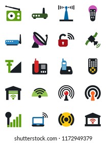 Color and black flat icon set - satellite antenna vector, wireless notebook, radio, remote control, phone, cellular signal, lock, router, garage gate