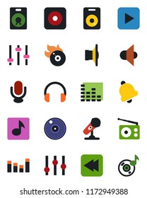 Color and black flat icon set - vinyl vector, flame disk, microphone, radio, speaker, settings, equalizer, headphones, play button, rewind, rec, tuning, bell, music