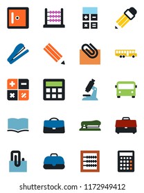 Color and black flat icon set - airport bus vector, checkroom, book, calculator, microscope, case, paper clip, abacus, pencil, stapler