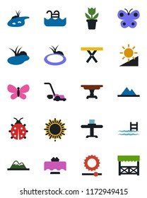 Color and black flat icon set - sun vector, flower in pot, lawn mower, butterfly, lady bug, pond, picnic table, brightness, pool, mountains, restaurant, alcove
