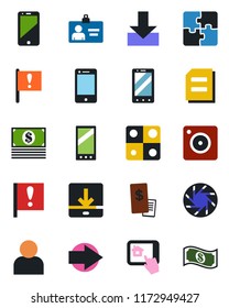 Color and black flat icon set - right arrow vector, mobile phone, identity card, document, important flag, cell, camera, user, download, application, restaurant receipt, home control app, cash