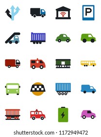 Color and black flat icon set - taxi vector, airport bus, parking, ladder car, ambulance, route, railroad, truck trailer, delivery, garage gate control, battery