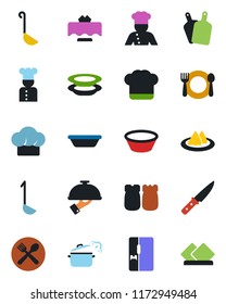 Color and black flat icon set - fridge vector, cook, restaurant table, serviette, cafe, hat, plates, waiter, salt and pepper, ladle, bowl, cutting board, knife, steaming pan