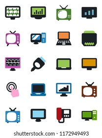 Color and black flat icon set - notebook pc vector, statistic monitor, pulse, tv, touch screen, laptop, hdmi, statistics, intercome