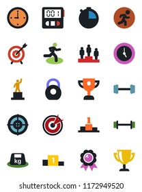 Color and black flat icon set - pedestal vector, medal, barbell, run, heavy, clock, stopwatch, target, award cup
