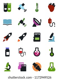 Color and black flat icon set - satellite antenna vector, book, dropper, microscope, ampoule, real heart, joint, sd, thermometer, rocket, flask