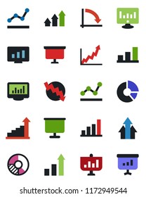 Color and black flat icon set - growth statistic vector, presentation board, crisis graph, monitor, circle chart, statistics, bar, point, arrow up
